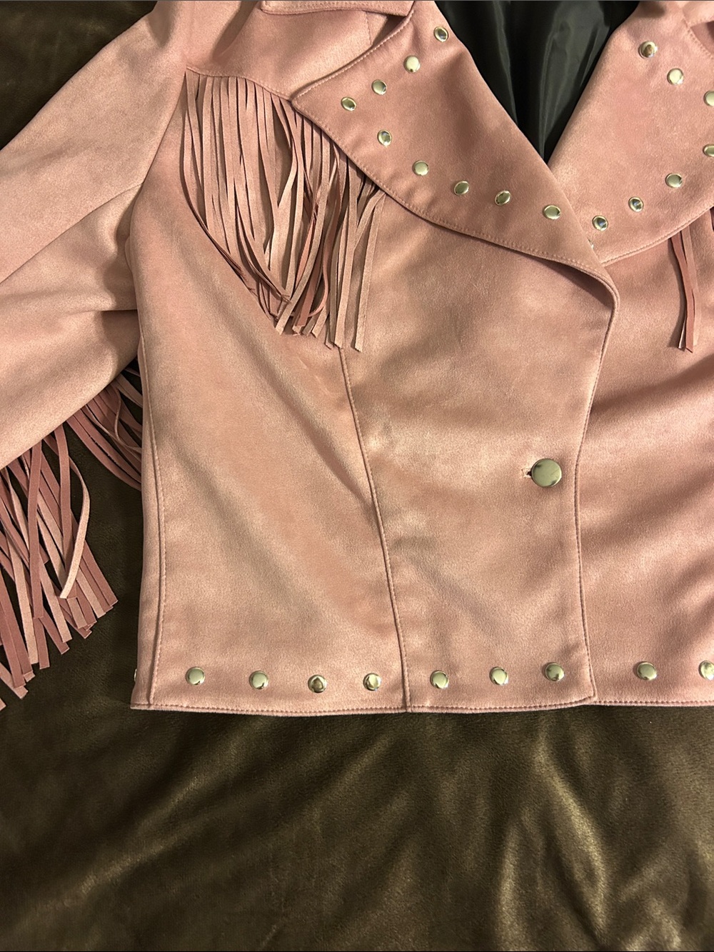 Adore Dusty Pink Faux Suede Fringe Moto Jacket with Studs - Picture 3 of 13